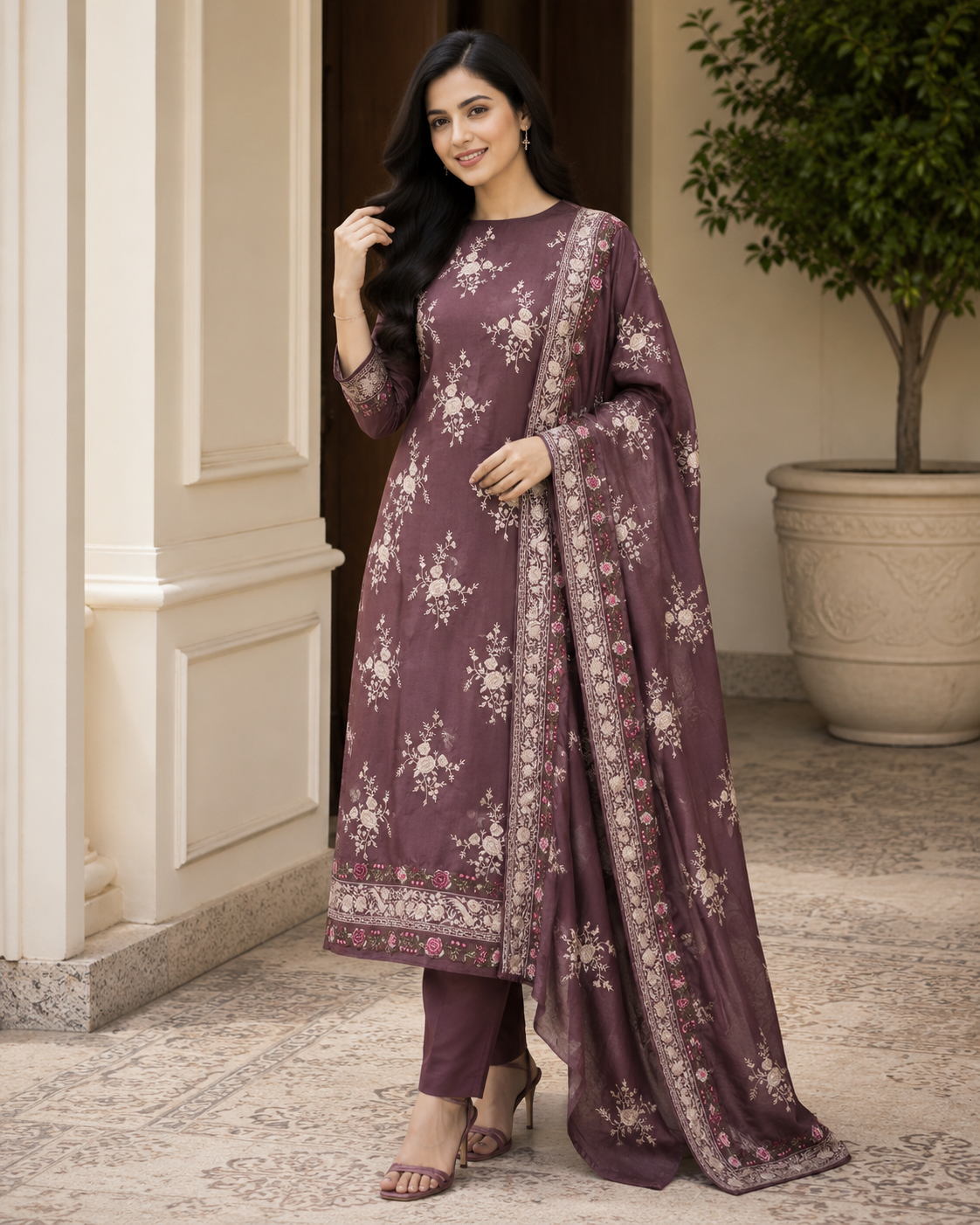 Mul Cotton Parsi Embroidery Unstitched Suit Set with Embroidered Dupatta