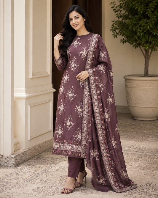 Mul Cotton Parsi Embroidery Unstitched Suit Set with Embroidered Dupatta