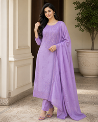 Pure Mul Cotton Lucknowi Embroidery Unstitched Suit Set with Sequence High-Lighting Dupatta