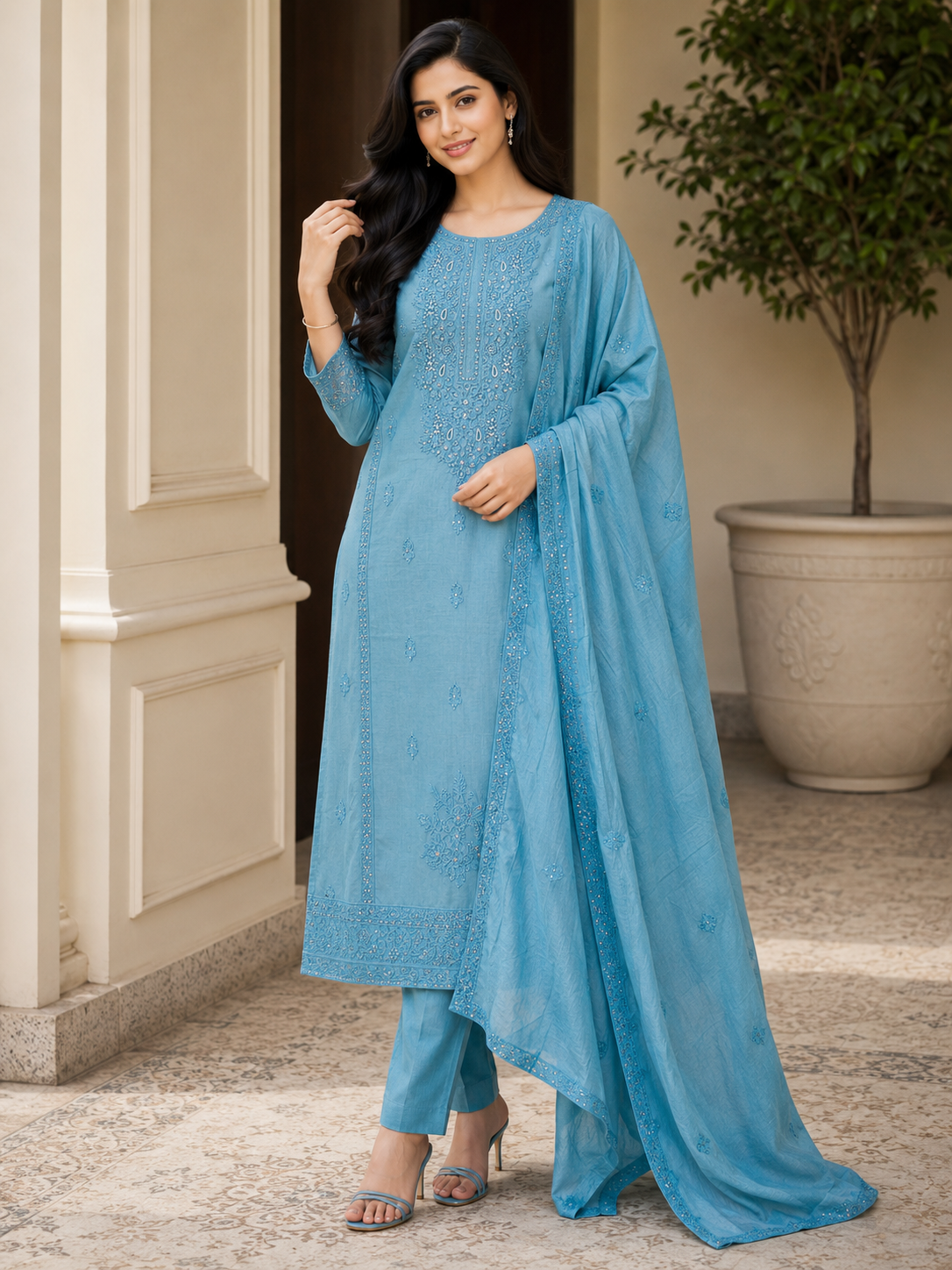 Pure Mul Cotton Lucknowi Embroidery Unstitched Suit Set with Sequence High-Lighting Dupatta