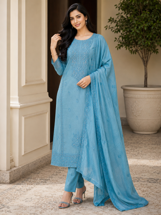 Pure Mul Cotton Lucknowi Embroidery Unstitched Suit Set with Sequence High-Lighting Dupatta