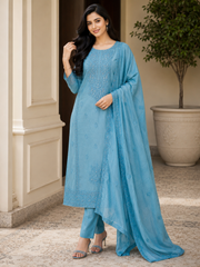 Pure Mul Cotton Lucknowi Embroidery Unstitched Suit Set with Sequence High-Lighting Dupatta