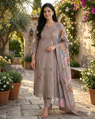 Cotton Laser Cut Embroidered Unstitched Suit with Digital Print Mul Cotton Dupatta (3 Pc Set)