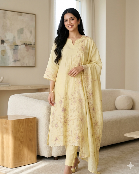 Crush Mul Cotton Laser Cut Embroidered Unstitched Suit with Embroidered Dupatta (3 Pc Set)