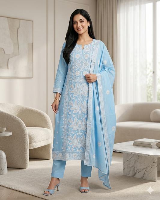 Mul Cotton Lucknowi Embroidered Unstitched Suit with Embroidered Dupatta (3 Pc Set)
