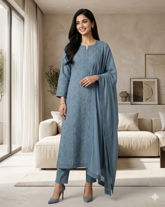 Pure Cotton Embroidered Unstitched Suit with Embroidered Dupatta (3 Pc Set)