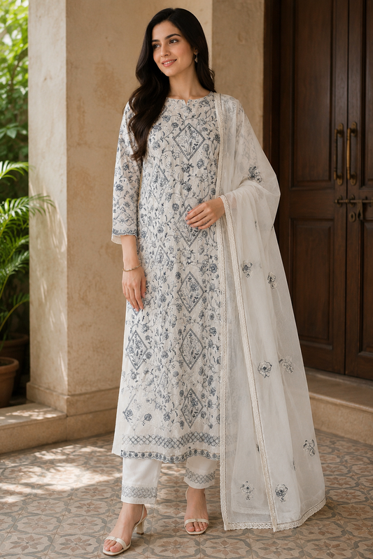 Pure Cotton Embroidered Unstitched Suit with Crochet Lace Dupatta