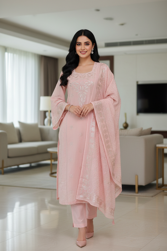 Mul Cotton Mukeish Work Un Stitched Suit With Mul Cotton Dupatta