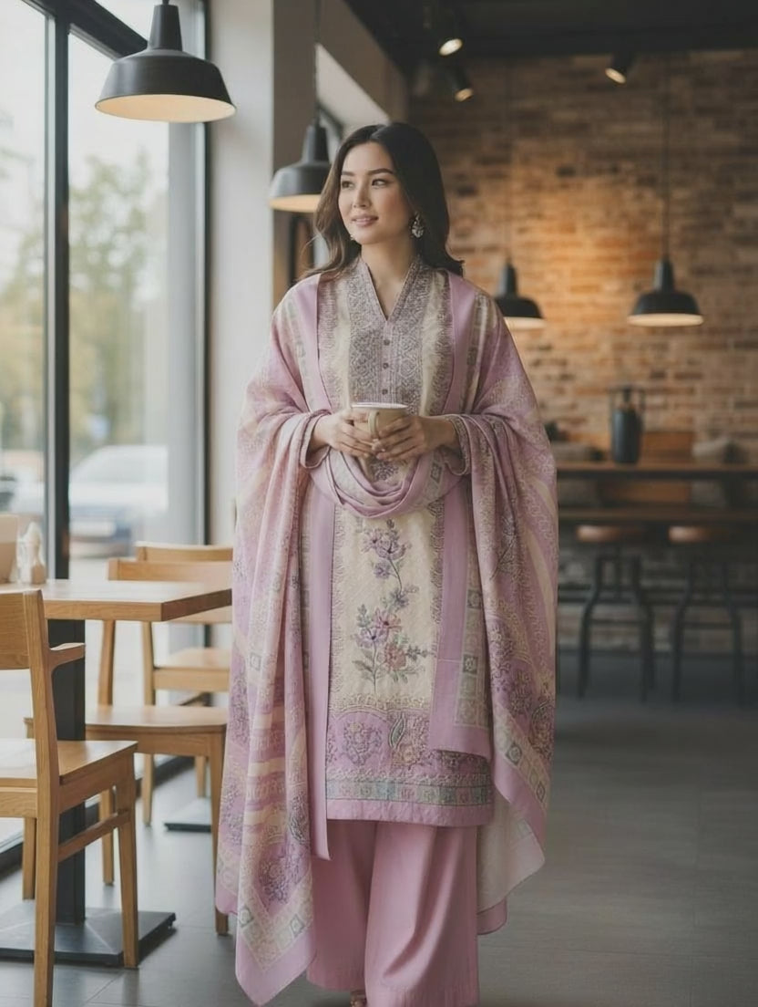 (Pink)Winter Wear- Elegant Self Embroidery Pashmina Floral Printed Winter Suit Set