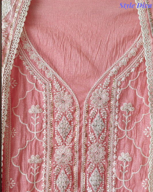 Mul Cotton Lucknowi Embroidered Un-Stitched Suit mul cotton dupatta with lucknowi