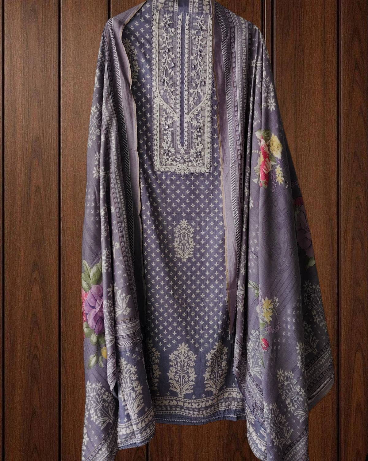 Elegant Glazed Cotton Un-Stitched Suit with Digital Print & Organza Embroidery Patch Work