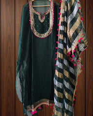 Organza Sequence Work Suit with Tissue Pom Pom Dupatta