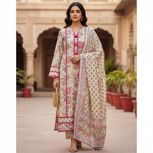 Cotton Pakistani Style Un-Stitched Suit with Crochet Lacing & Printed Dupatta