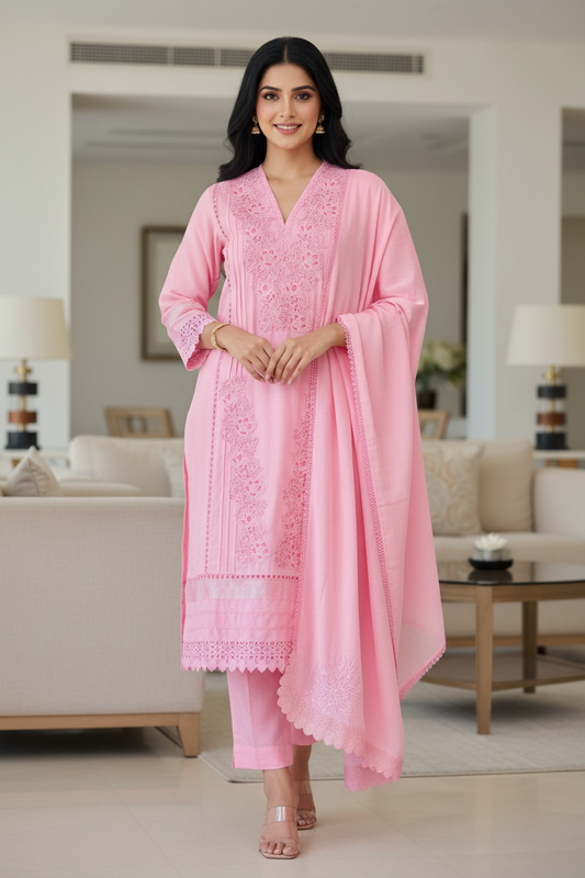 -Cotton Khadi Pakistani Style Semi-Stitched Suit with Crochet Lacing & Faux Mirror Work )