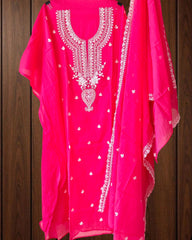 Mul Chanderi Thread Embroidered Unstitched Suit Set