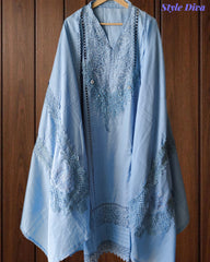 Cotton Linen Pakistani Style Crochet Lacing Semi-Stitched Suit with Linen Dupatta