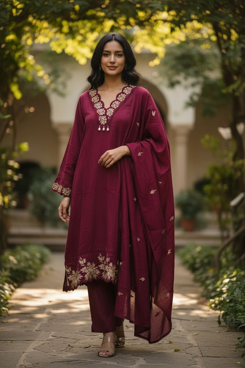 Elegant muslin Embroidered Suit with Crochet Lacing Detailing