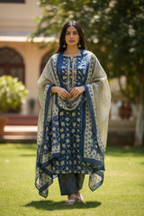 Cotton Printed Fully Stitched 3-Piece Suit with Mirror Work & Mul Cotton Dupatta