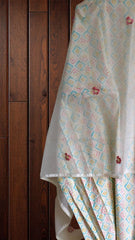Pure Cotton Unstitched Suit Set with  soft organza sequence work   Dupatta & Neck Embroidery