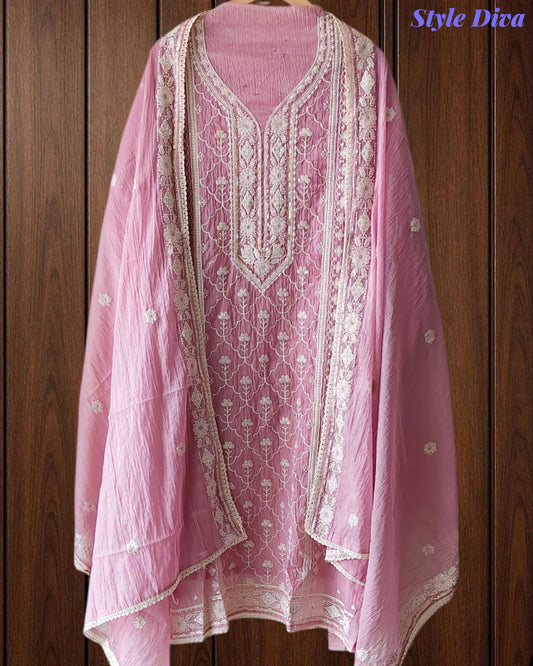Mul Cotton Lucknowi Embroidered Un-Stitched Suit mul cotton dupatta with lucknowi