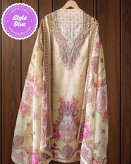 Kota Digital Printed Unstitched Suit with Pearl Highlighting and Printed Dupatta