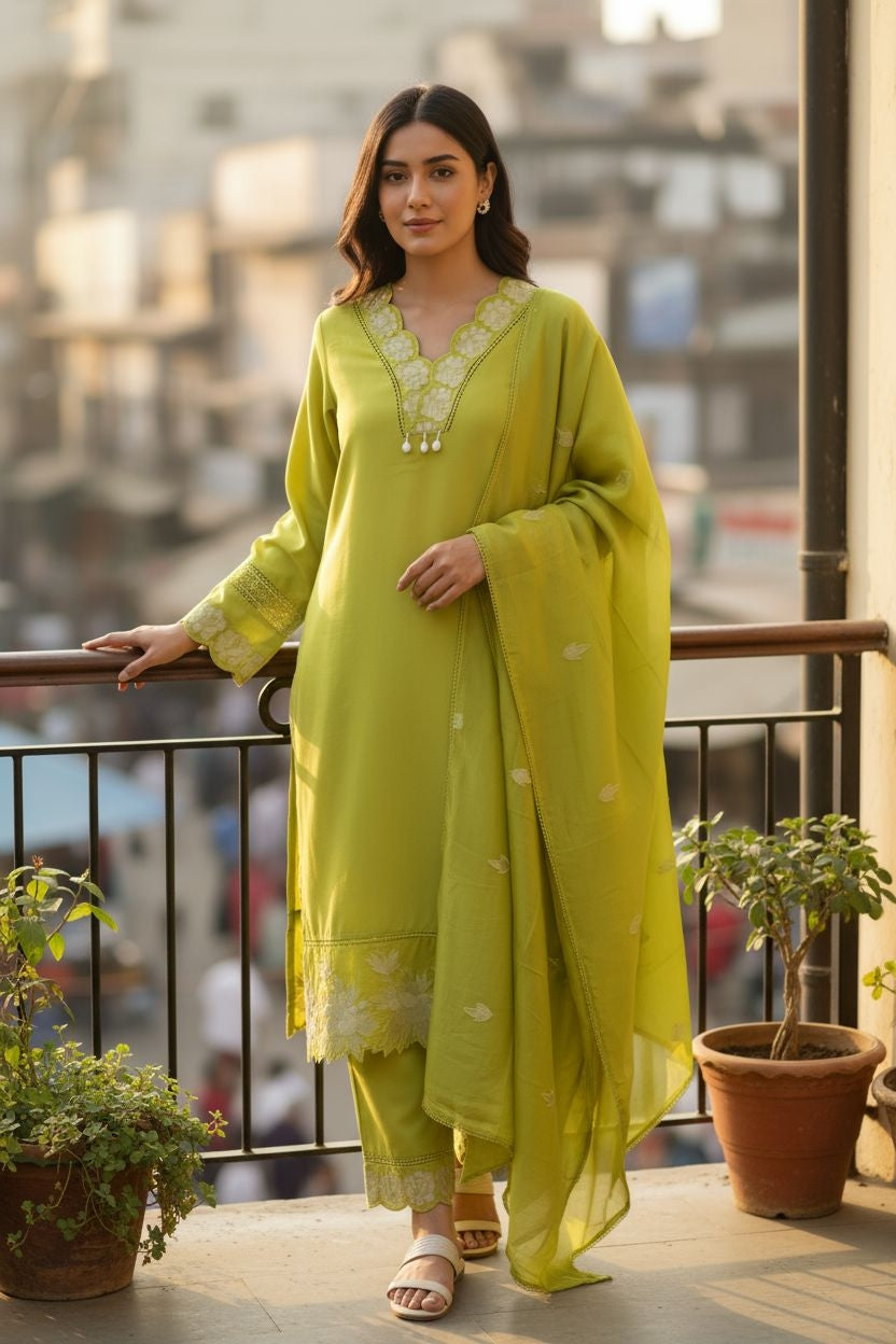 Elegant Modal Embroidered Suit with Crochet Lacing Detailing