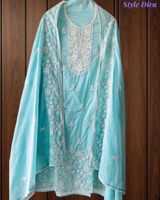Mul Cotton Lucknowi Embroidered Un-Stitched Suit mul cotton dupatta with lucknowi embroidery