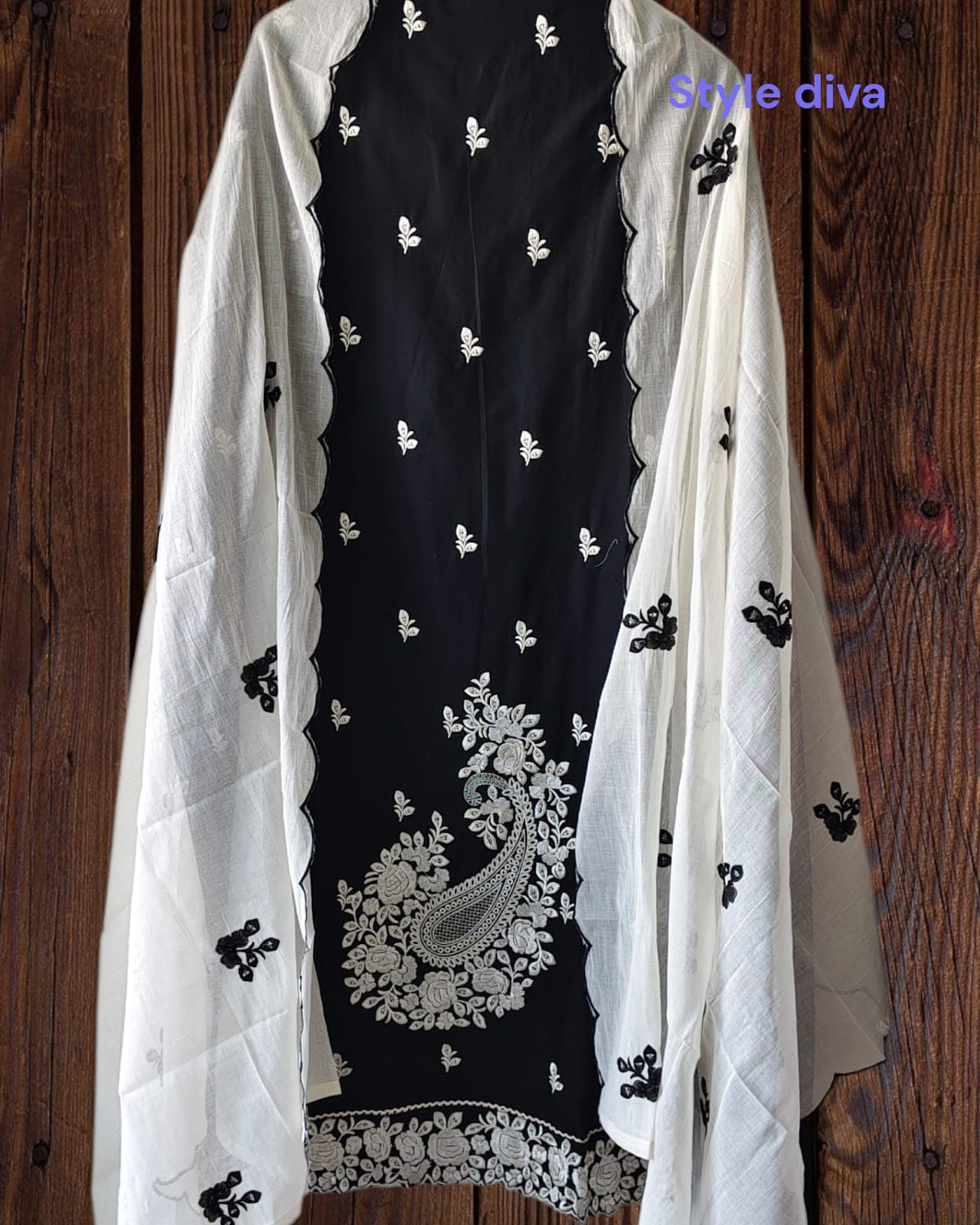 Cotton Parsi Embroidery Unstitched Suit with Mul Cotton Scalloped Edges Dupatta