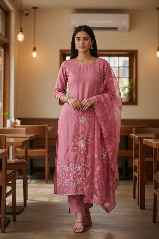 Modal Laser Cut Appliqué Work Unstitched Suit with Organza Dupatta