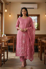 Modal Laser Cut Appliqué Work Unstitched Suit with Organza Dupatta