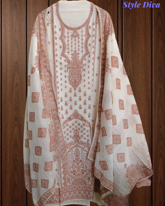 Pure Cotton Weaving Embroidery Unstitched Suit with Coordinated Dupatta