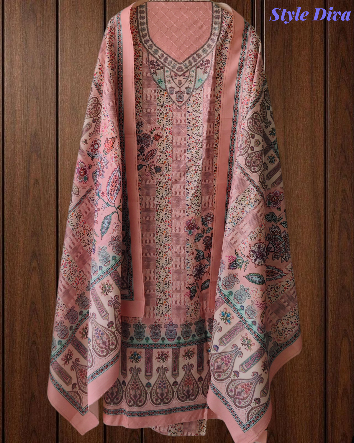 (Pink)Winter Wear- Elegant Self Embroidery Pashmina Floral Printed Winter Suit Set