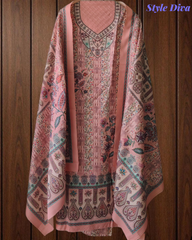 (Pink)Winter Wear- Elegant Self Embroidery Pashmina Floral Printed Winter Suit Set