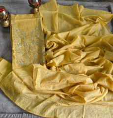 Pure Mul Chanderi Embroidered Un-Stitched Suit with Mukesh DupattaPure Mul Chanderi Embroidered Un-Stitched Suit with Mukesh Dupatta
