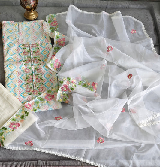 Pure Cotton Unstitched Suit Set with  soft organza sequence work   Dupatta & Neck Embroidery