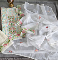 Pure Cotton Unstitched Suit Set with  soft organza sequence work   Dupatta & Neck Embroidery