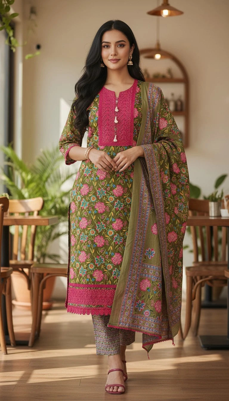 Cotton Pakistani Style Printed Unstitched Suit With Crochet Lacing Dupatta