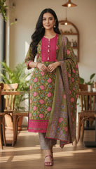 Cotton Pakistani Style Printed Unstitched Suit With Crochet Lacing Dupatta