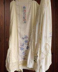 Elegant embroided lacing  mirror work applique work Unstitched Suit – Cotton Kurta &  cotton Soft Dupatta with crochia lacing n cotton bottom