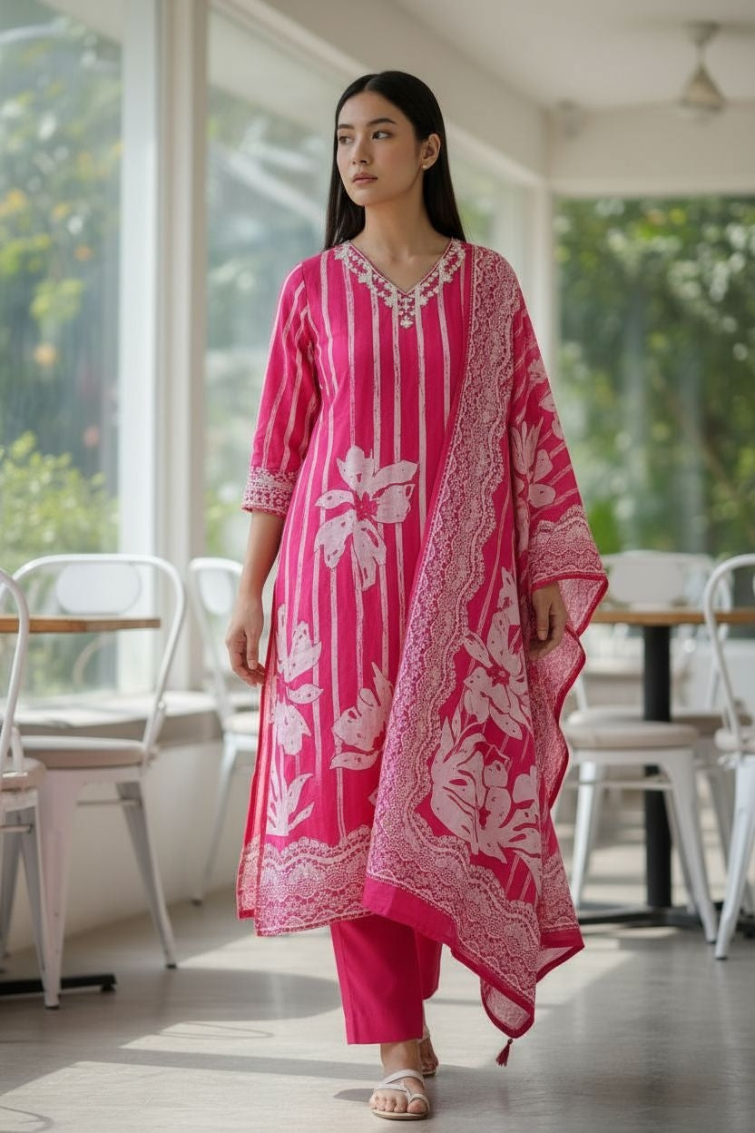 Fully Stitched -  Muslin Digital Print Mirror & Pearl Suit -Stitched for Elegance