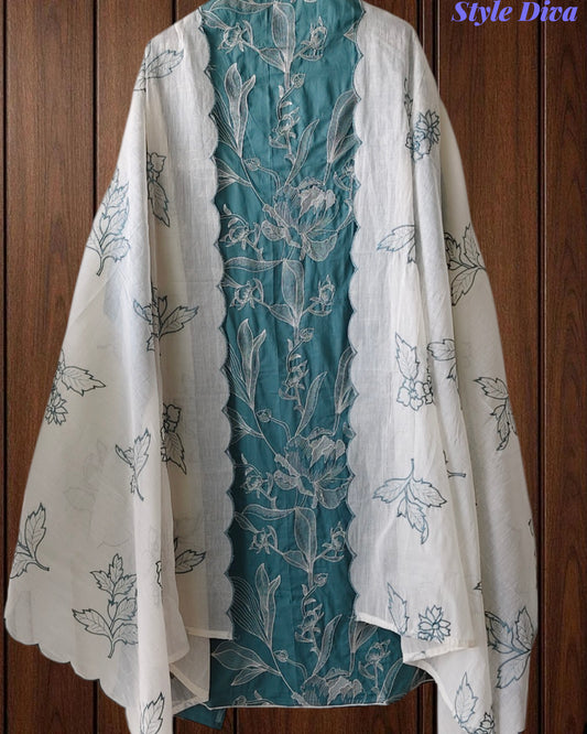 Pure Cotton Thread Embroidered Unstitched Suit with Embroidered Mul Cotton Dupatta and Chikanri Bottom