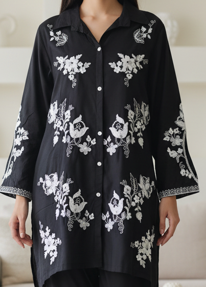 (BLACK)- Rayon Thread Embroidered Co-Ord Set for Women (2 Pc Set)