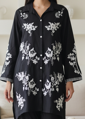 (BLACK)- Rayon Thread Embroidered Co-Ord Set for Women (2 Pc Set)