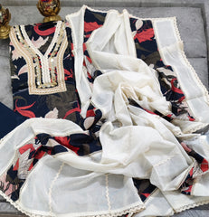 Pure Cotton Unstitched Suit Set with  digital    cotton  Dupatta with applique work