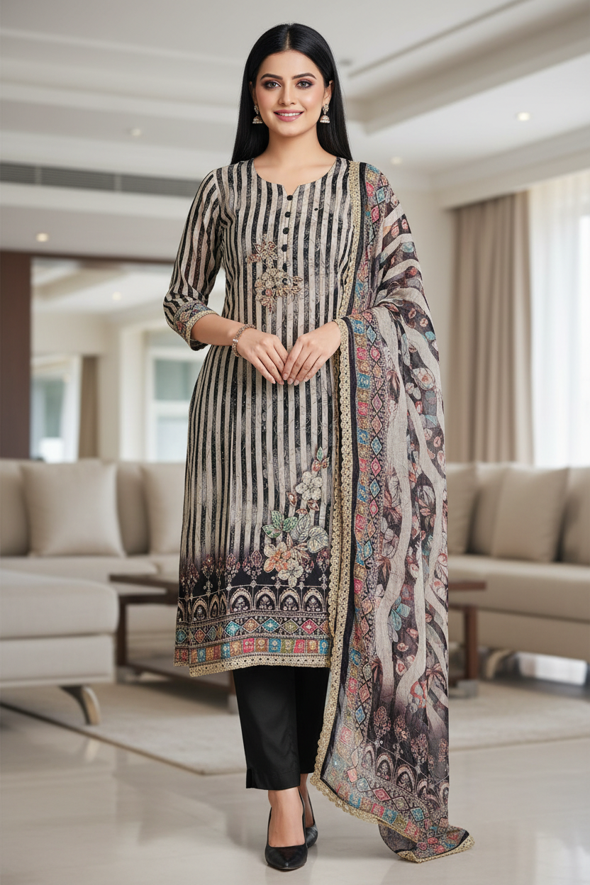 Organza Digital Print Suit with Highlighting Work & Chiffon Dupatta (Unstitched)