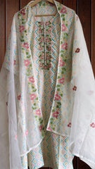 Pure Cotton Unstitched Suit Set with  soft organza sequence work   Dupatta & Neck Embroidery