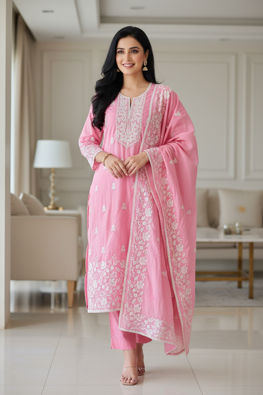 Mul Cotton Lucknowi Embroidered Un-Stitched Suit mul cotton dupatta with lucknowi embroidery