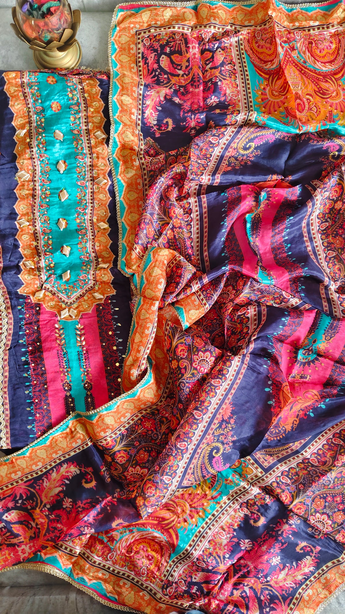 Graceful Glass Organza Kurta With Gotta Work Dupatta Semi-Stitched Suit Set