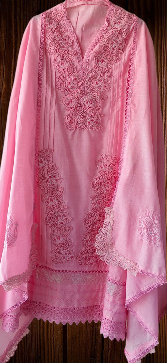 -Cotton Khadi Pakistani Style Semi-Stitched Suit with Crochet Lacing & Faux Mirror Work )