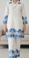 Pure Cotton Chikan-Kari Embroidered Co-Ord Set for Women (2 Pc Ready to Wear Set)